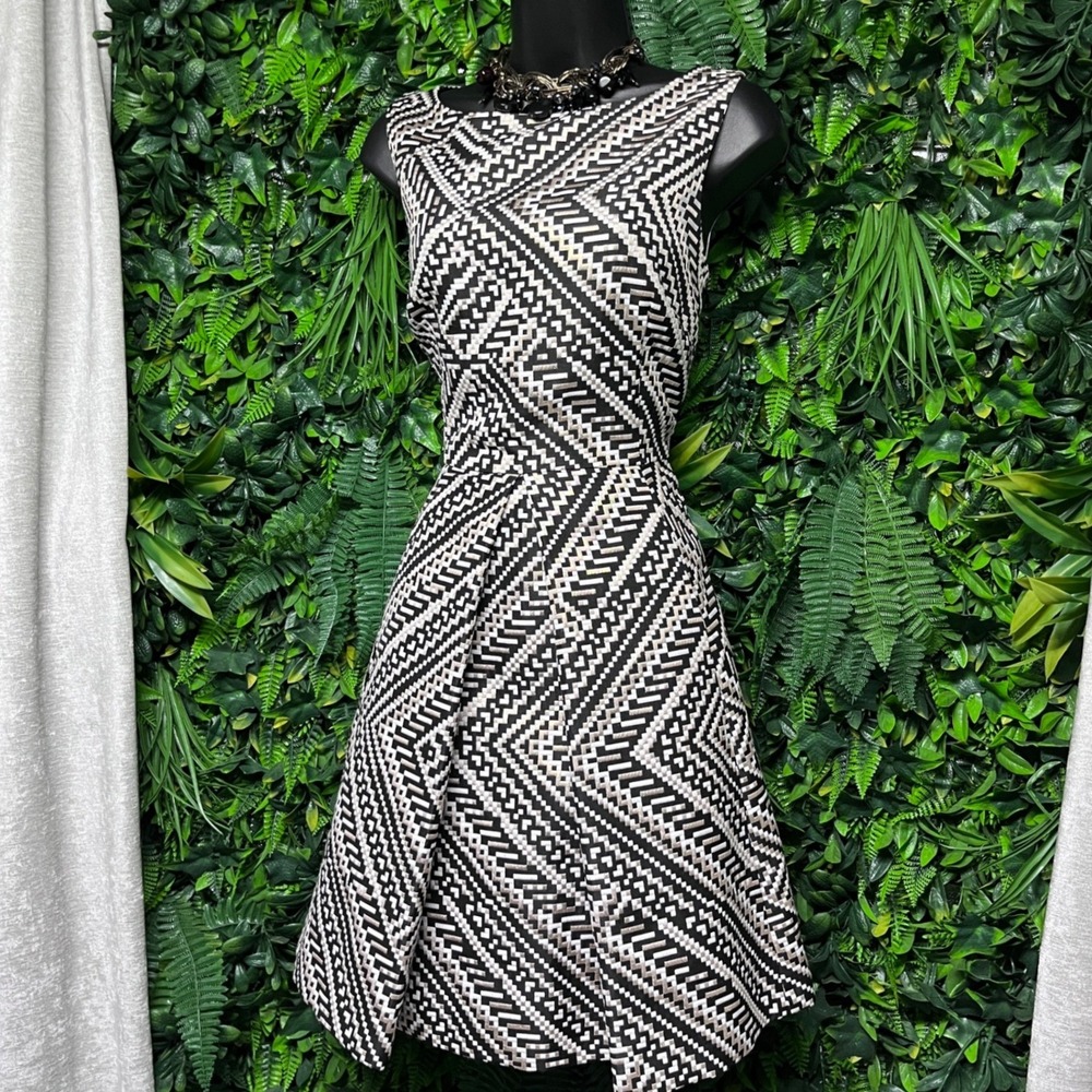 Tahari Arthur S Levine Dress 10P Geometric Metallic Jacquard Fit Flare 4169 NEW